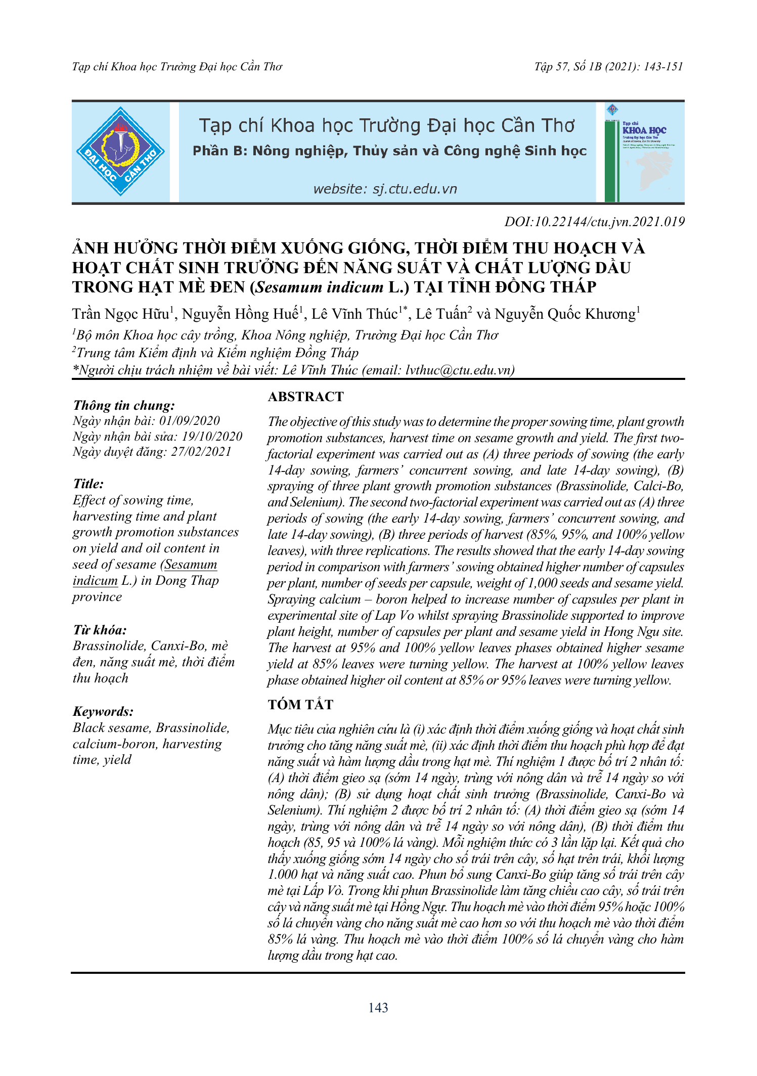Ảnh hưởng thời điểm xuống giống, thời điểm thu hoạch và hoạt chất sinh trưởng đến năng suất và chất lượng dầu trong hạt mè đen (Sesamum indicum L.) tại tỉnh Đồng Tháp