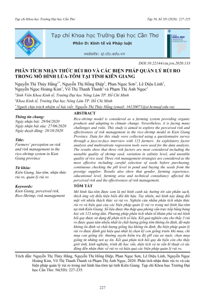 Phân tích nhận thức rủi ro và các biện pháp quản lý rủi ro trong mô hình lúa-tôm tại tỉnh Kiên Giang