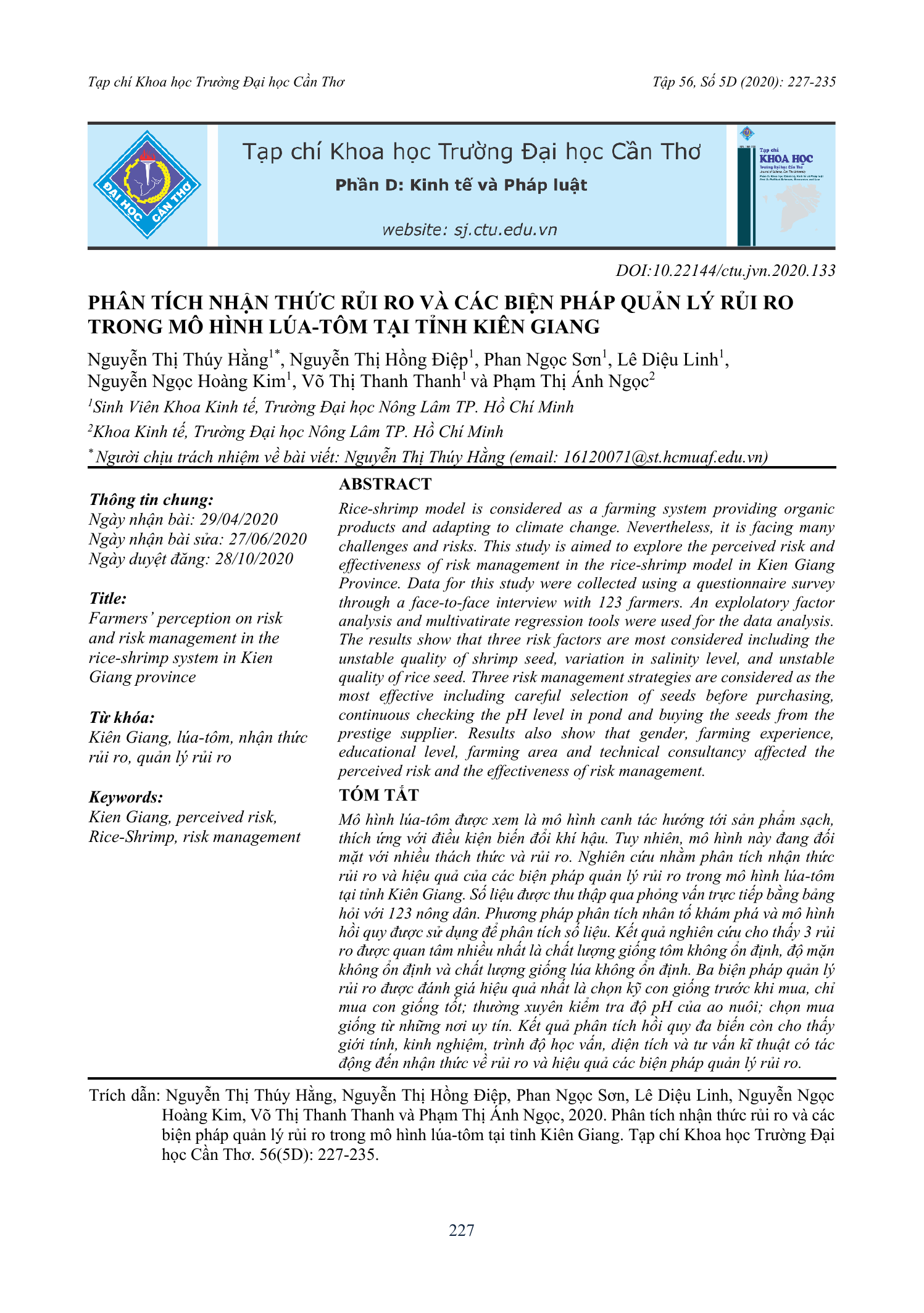 Phân tích nhận thức rủi ro và các biện pháp quản lý rủi ro trong mô hình lúa-tôm tại tỉnh Kiên Giang