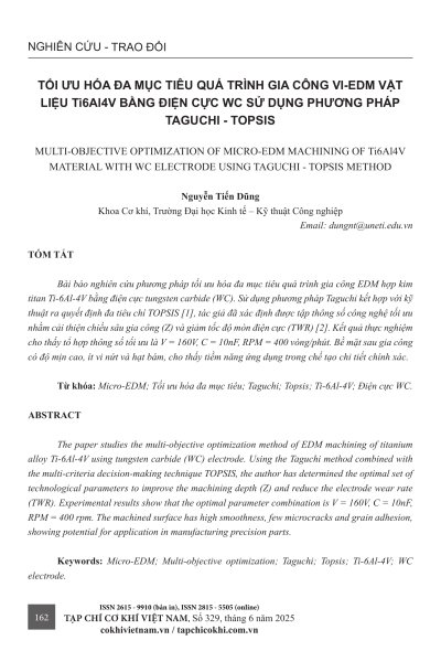 Tối ưu hóa đa mục tiêu quá trình gia công vi-EDM vật liệu Ti6Al4V bằng điện cực WC sử dụng phương pháp Taguchi - TOPSIS