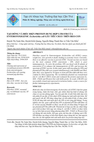Tạo dòng và biểu hiện protein dung hợp LTB-STb của Enterotoxigenic Escherichia coli gây tiêu chảy trên heo con