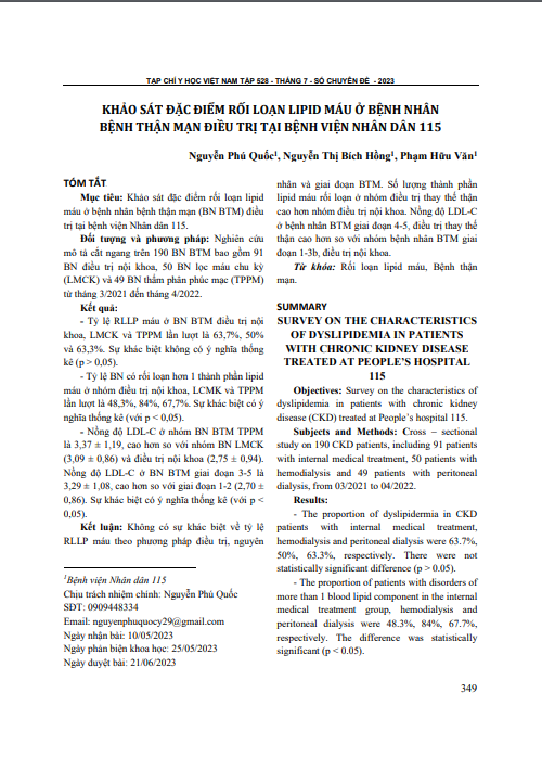 Khảo sát đặc điểm rối loạn lipid máu ở bệnh nhân bệnh thận mạn điều trị tại Bệnh viện Nhân Dân 115