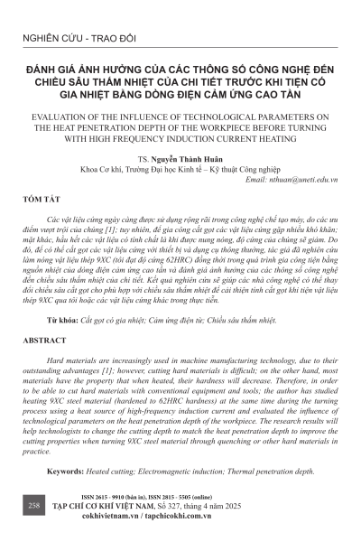Đánh giá ảnh hưởng của các thông số công nghệ đến chiều sâu thấm nhiệt của chi tiết trước khi tiện có gia nhiệt bằng dòng điện cảm ứng cao tần