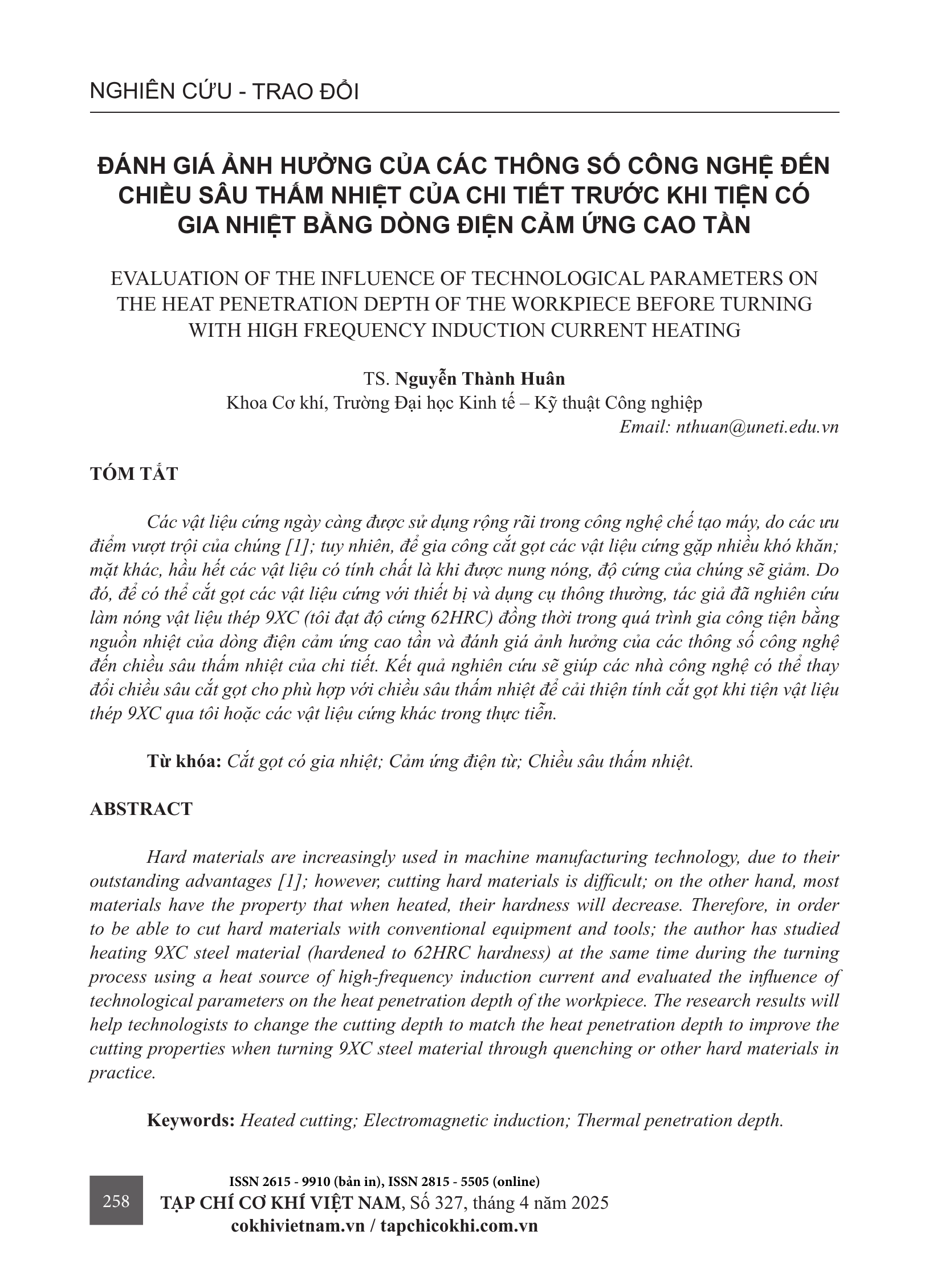 Đánh giá ảnh hưởng của các thông số công nghệ đến chiều sâu thấm nhiệt của chi tiết trước khi tiện có gia nhiệt bằng dòng điện cảm ứng cao tần