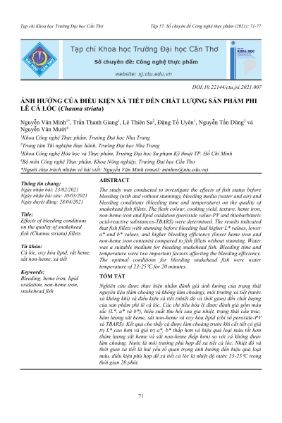 Ảnh hưởng của điều kiện xả tiết đến chất lượng sản phẩm phi lê cá lóc (Channa striata)