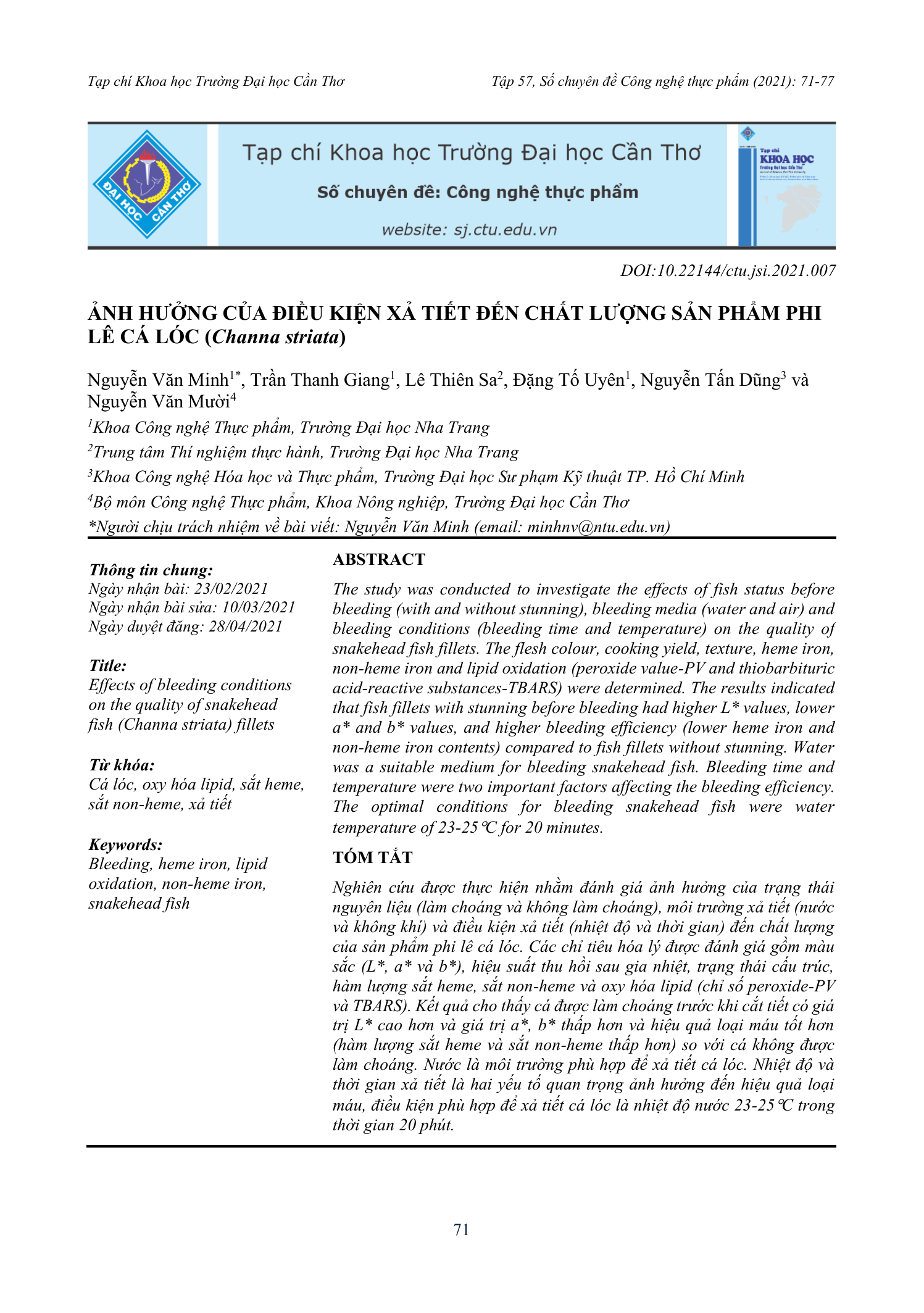 Ảnh hưởng của điều kiện xả tiết đến chất lượng sản phẩm phi lê cá lóc (Channa striata)