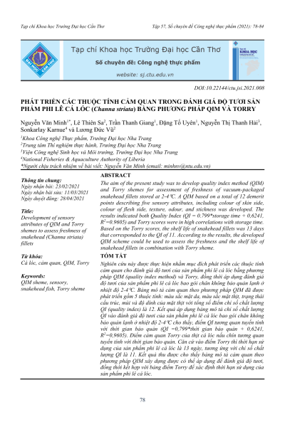 Phát triển các thuộc tính cảm quan trong đánh giá độ tươi sản phẩm phi lê cá lóc (Channa striata) bằng phương pháp QIM và Torry