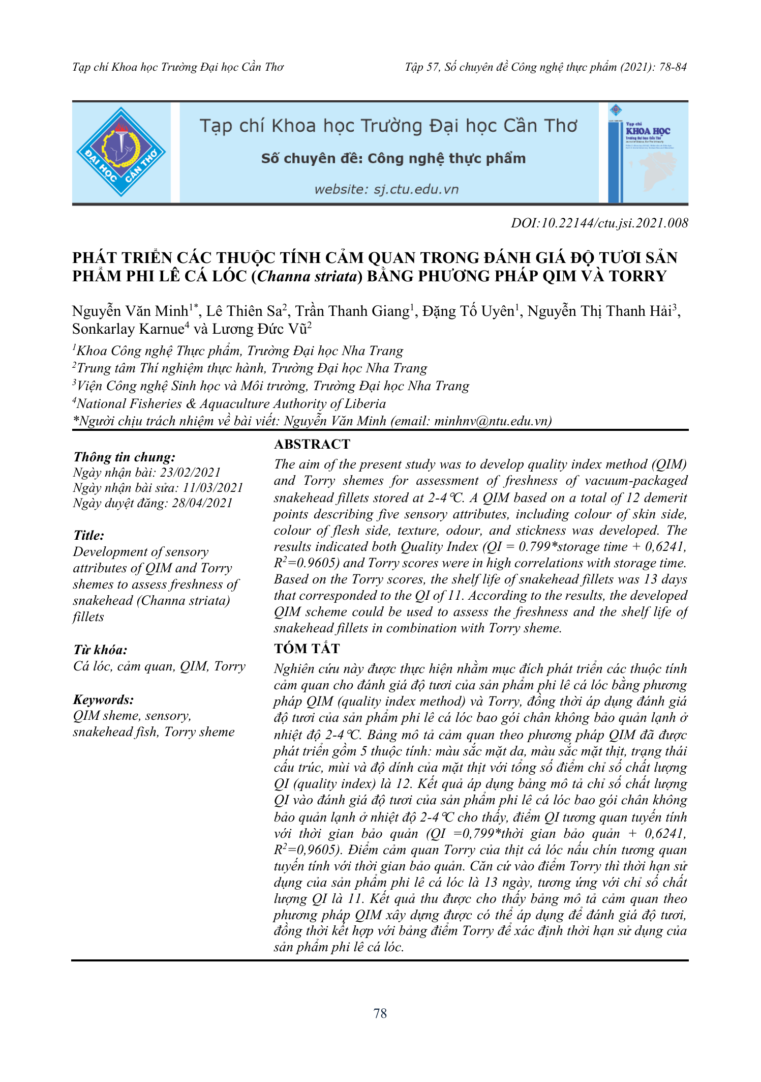 Phát triển các thuộc tính cảm quan trong đánh giá độ tươi sản phẩm phi lê cá lóc (Channa striata) bằng phương pháp QIM và Torry
