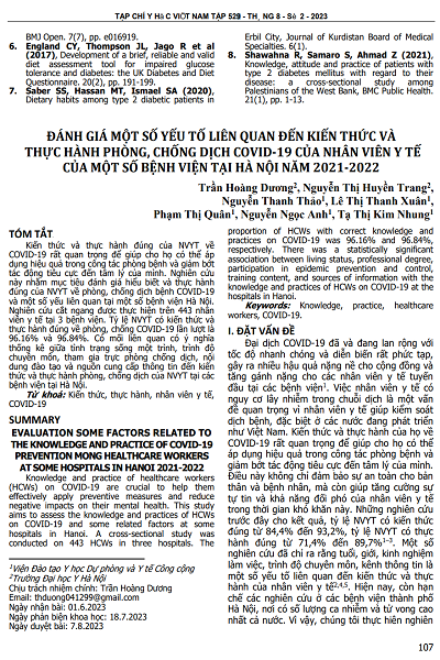 ĐÁNH GIÁ MỘT SỐ YẾU TỐ LIÊN QUAN ĐẾN KIẾN THỨC VÀ THỰC HÀNH PHÒNG, CHỐNG DỊCH COVID-19 CỦA NHÂN VIÊN Y TẾ CỦA MỘT SỐ BỆNH VIỆN TẠI HÀ NỘI NĂM 2021-2022