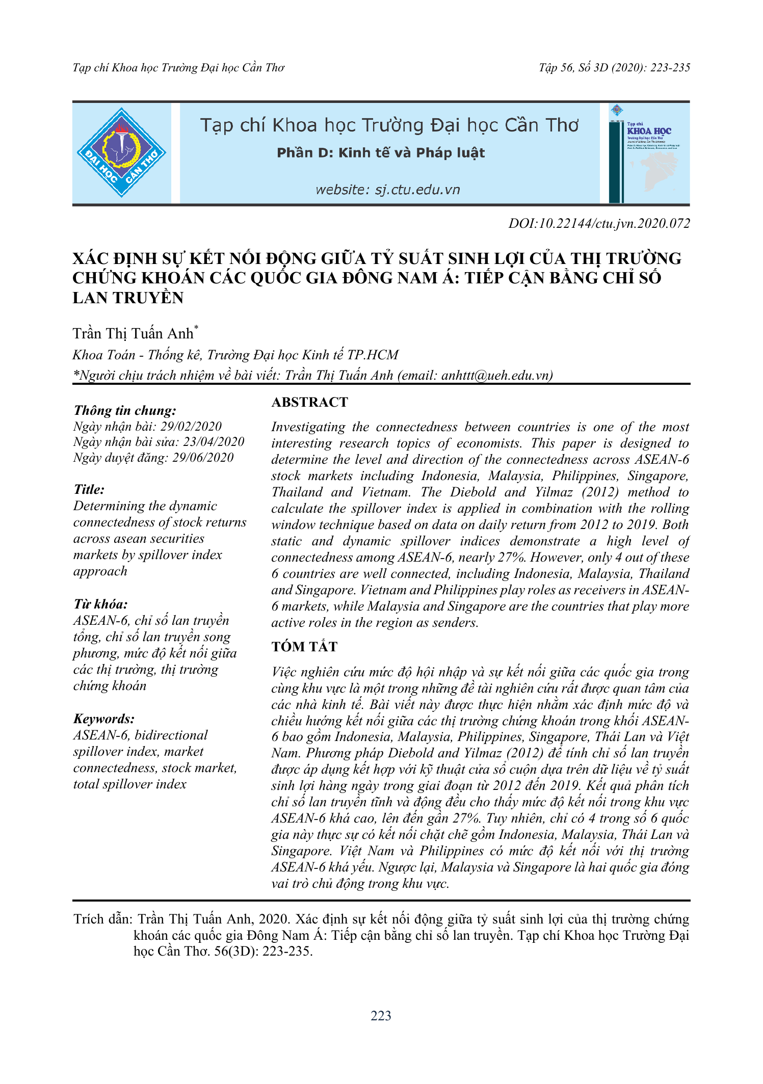 Xác định sự kết nối động giữa tỷ suất sinh lợi của thị trường chứng khoán các quốc gia Đông Nam Á: Tiếp cận bằng chỉ số lan truyền