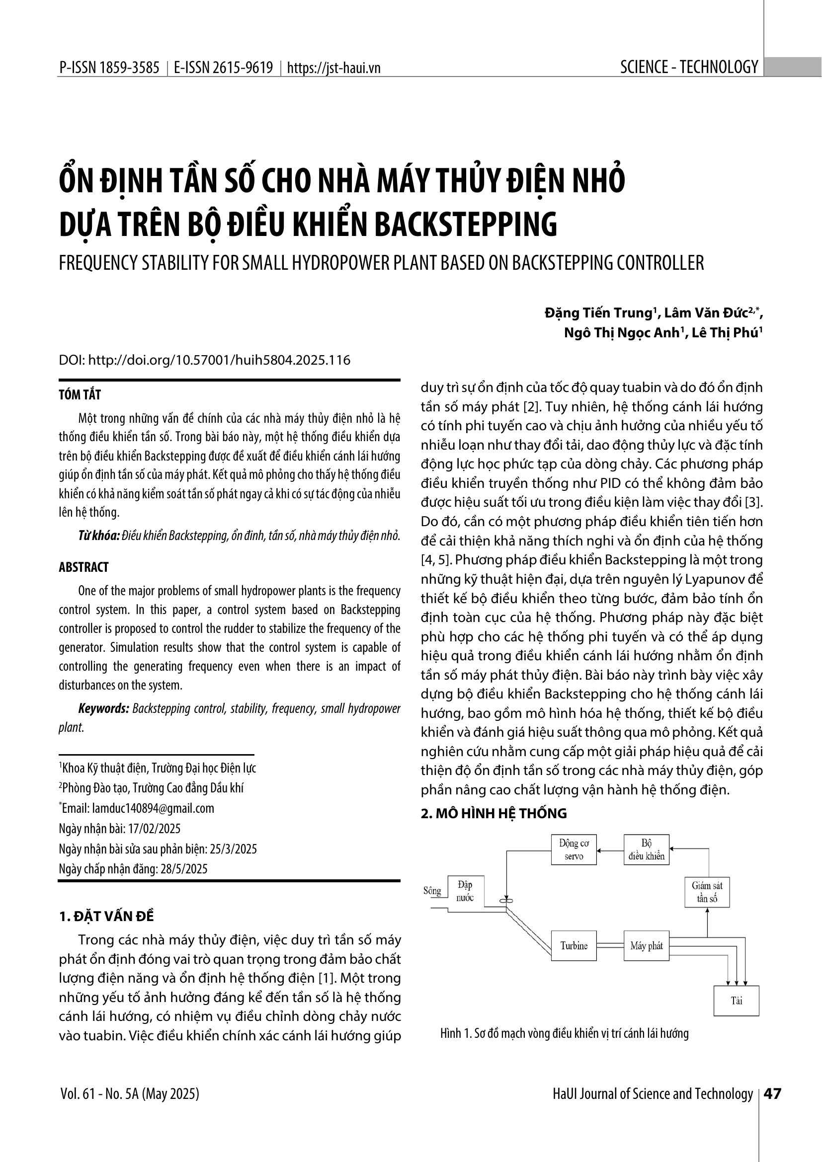 Ổn định tần số cho nhà máy thủy điện nhỏ dựa trên bộ điều khiển backstepping