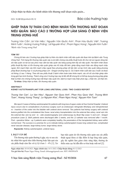 Ghép thận tự thân cho bệnh nhân tổn thương mất đoạn niệu quản: báo cáo 2 trường hợp lâm sàng ở Bệnh Viện Trung Ương Huế