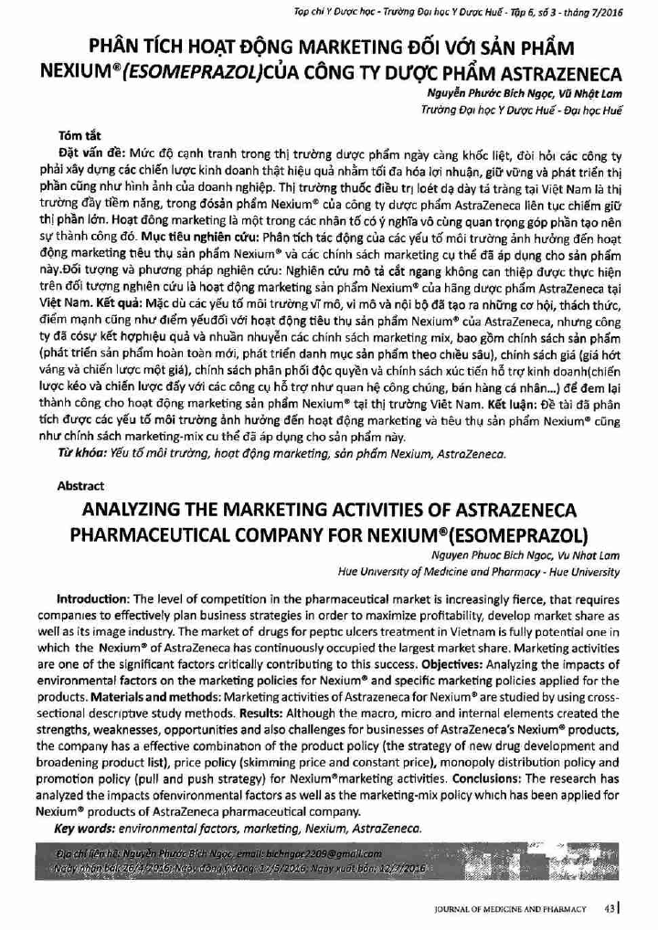 Phân tích hoạt động marketing đối với sản phẩm Nexium (Esomeprazol) của công ty dược phẩm Astrazeneca