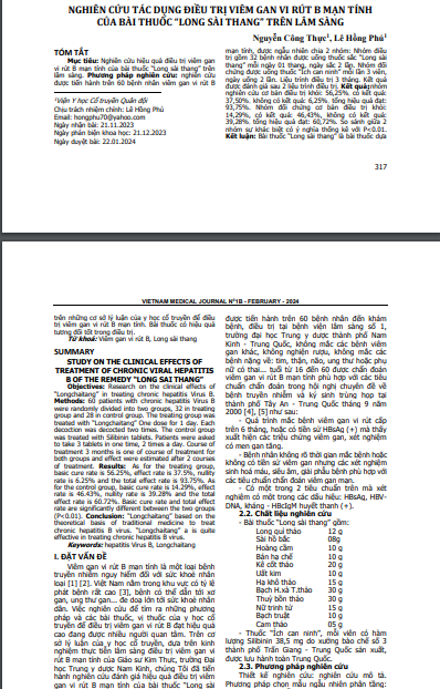 Nghiên cứu tác dụng điều trị viêm gan virus B mạn tính của bài thuốc “Long sài thang” trên lâm sàng