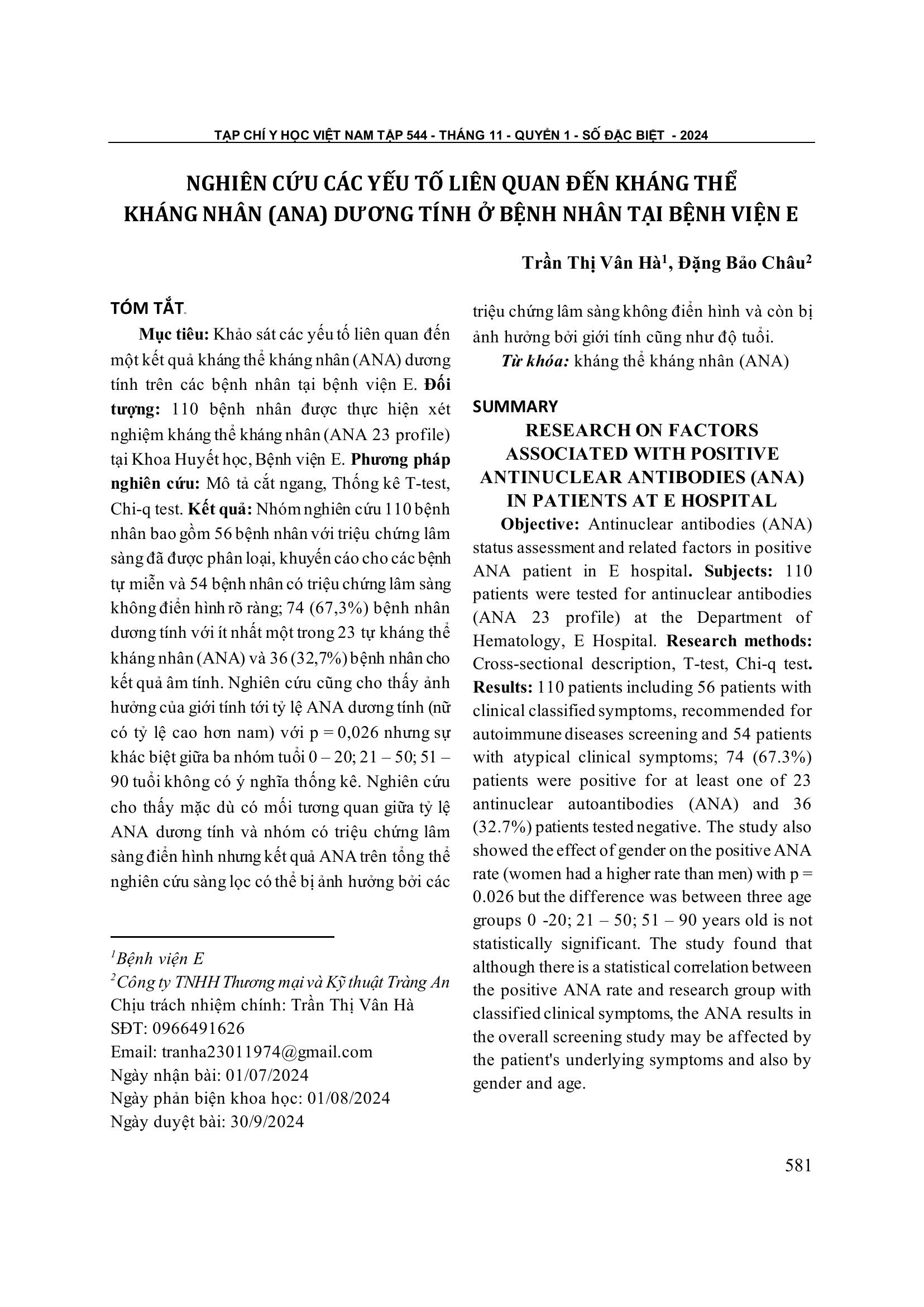 Nghiên cứu các yếu tố liên quan đến kháng thể kháng nhân (ANA) dương tính ở bệnh nhân tại bệnh viện E