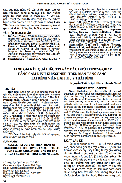 ĐÁNH GIÁ KẾT QUẢ ĐIỀU TRỊ GÃY ĐẦU DƯỚI XƯƠNG QUAY BẰNG GĂM ĐINH KIRSCHNER TRÊN MÀN TĂNG SÁNG TẠI BỆNH VIỆN ĐẠI HỌC Y THÁI BÌNH