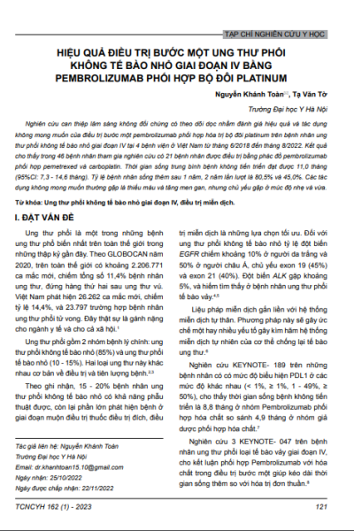 Hiệu quả điều trị bước một ung thư phổi không tế bào nhỏ giai đoạn IV bằng pembrolizumab phối hợp bộ đôi platinum