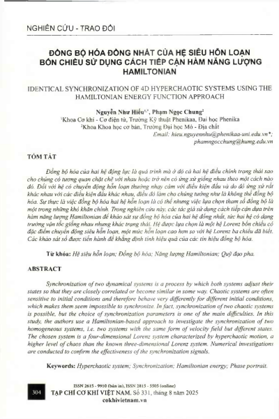 Đồng bộ hóa đồng nhất của hệ siêu hỗn loạn bốn chiều sử dụng cách tiếp cận hàm năng lượng Hamiltonian