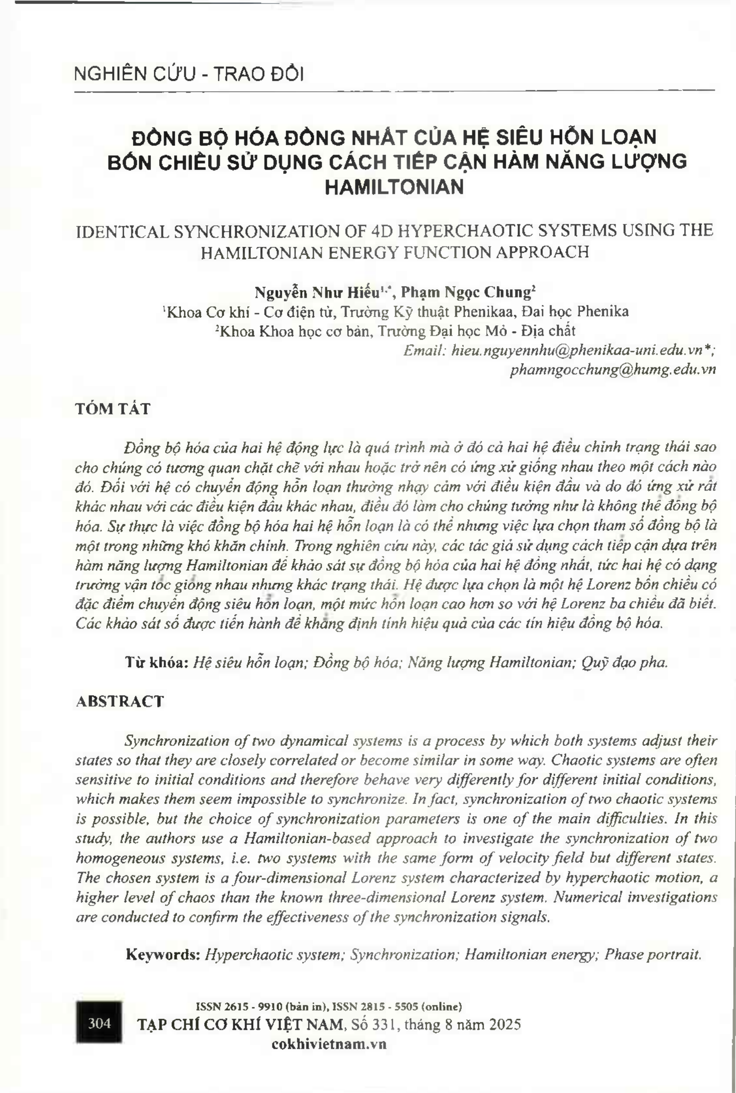 Đồng bộ hóa đồng nhất của hệ siêu hỗn loạn bốn chiều sử dụng cách tiếp cận hàm năng lượng Hamiltonian