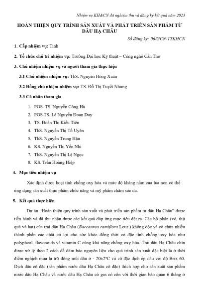 Hoàn thiện quy trình sản xuất và phát triển sản phẩm từ dâu Hạ Châu (2023)