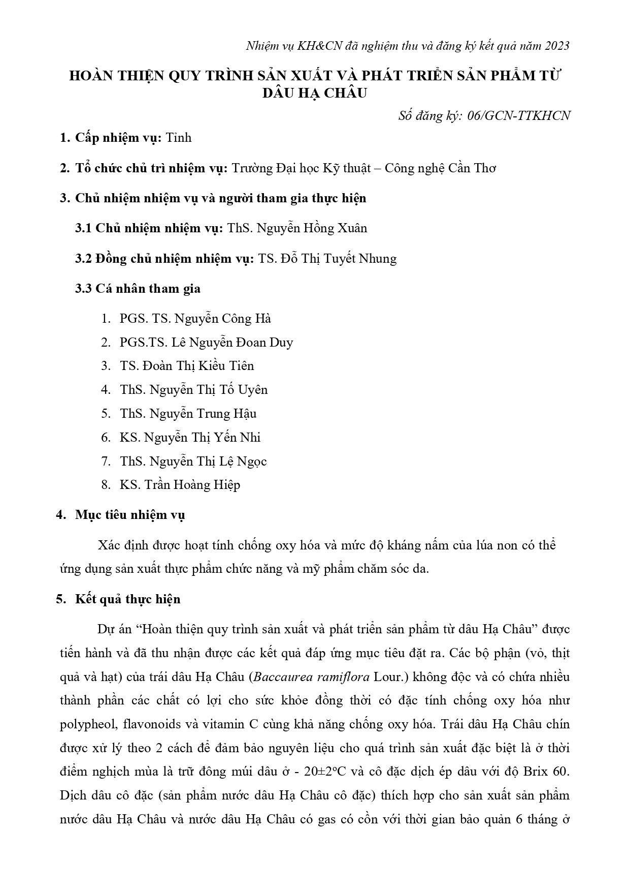 Hoàn thiện quy trình sản xuất và phát triển sản phẩm từ dâu Hạ Châu (2023)