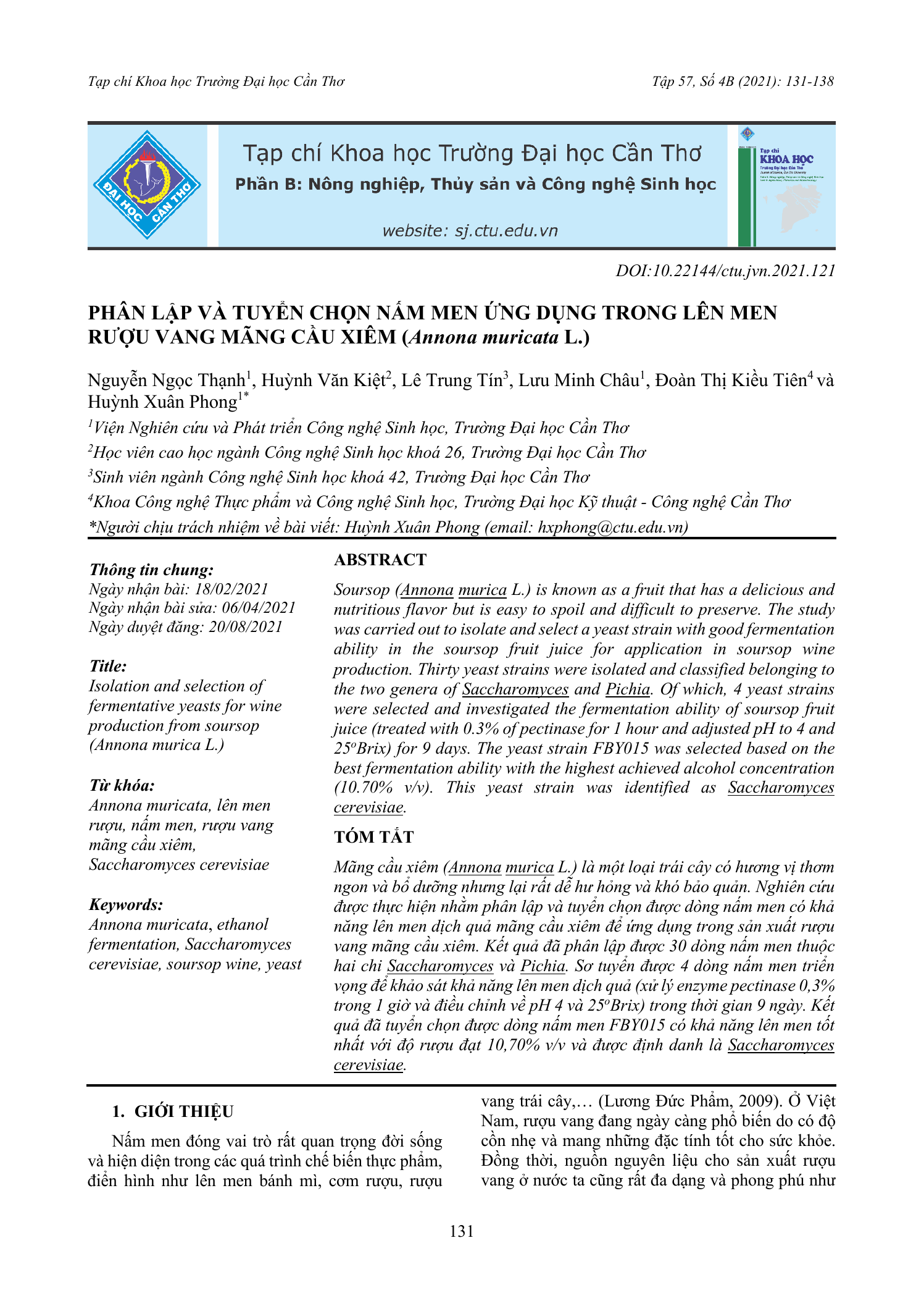 Phân lập và tuyển chọn nấm men ứng dụng trong lên men rượu vang mãng cầu xiêm