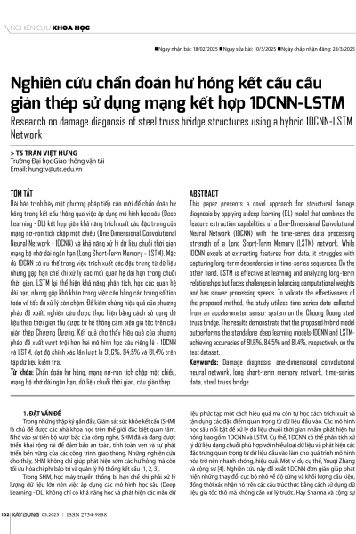 Nghiên cứu chẩn đoán hư hỏng kết cấu cầu giàn thép sử dụng mạng kết hợp 1DCNN-LSTM