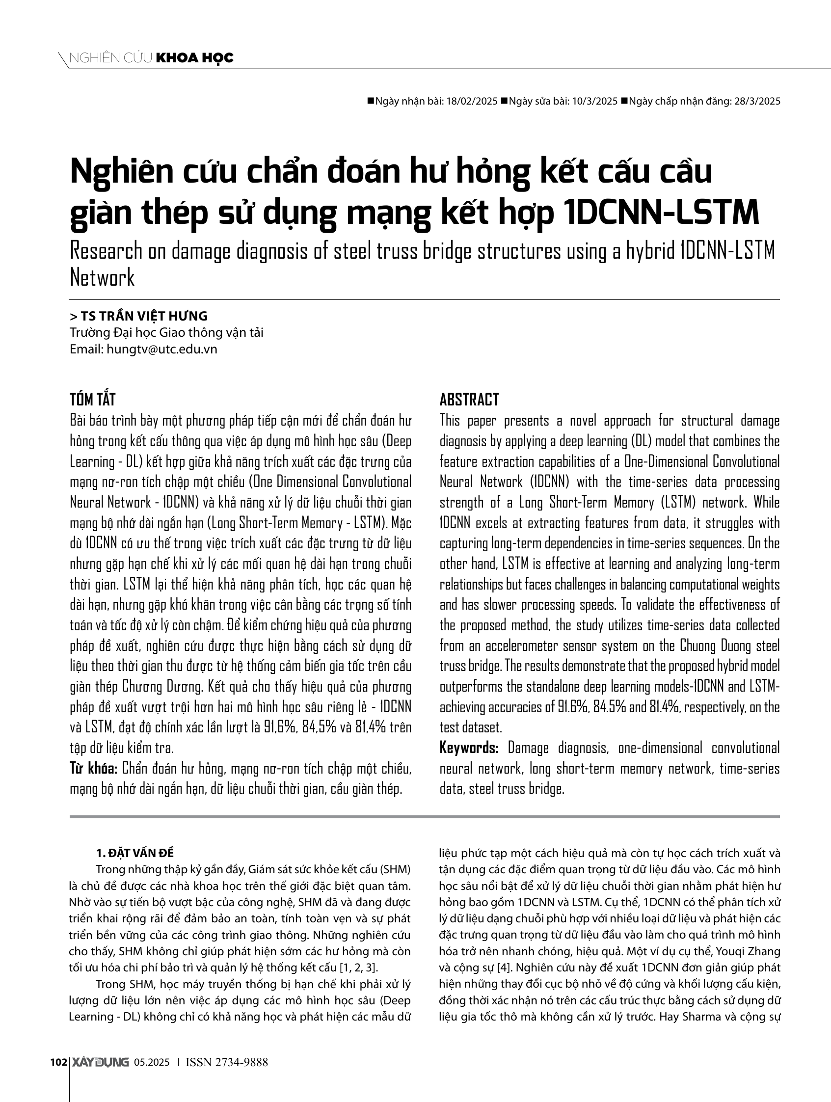 Nghiên cứu chẩn đoán hư hỏng kết cấu cầu giàn thép sử dụng mạng kết hợp 1DCNN-LSTM