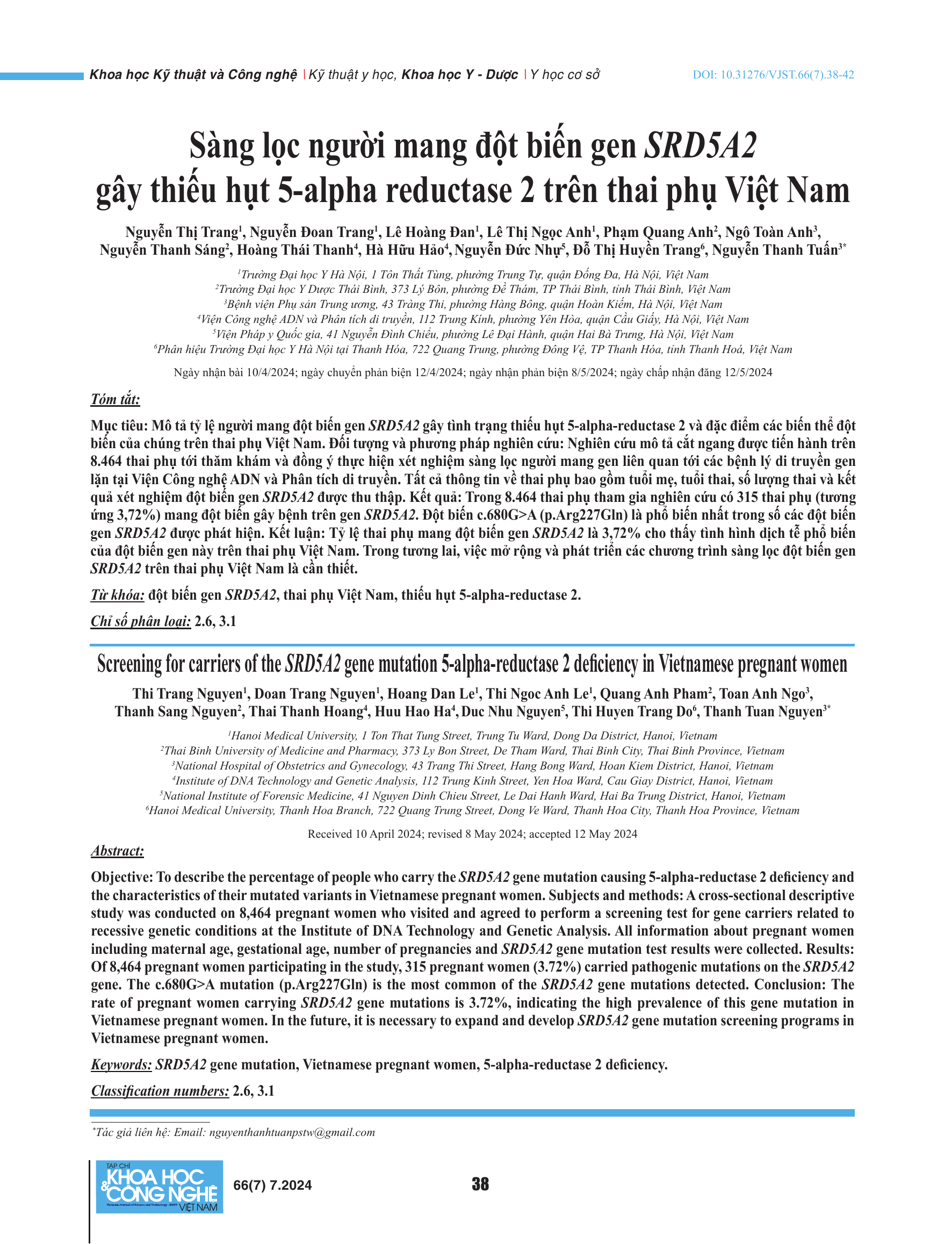 Sàng lọc người mang đột biến gen SRD5A2 gây thiếu hụt 5-alpha reductase 2 trên thai phụ Việt Nam