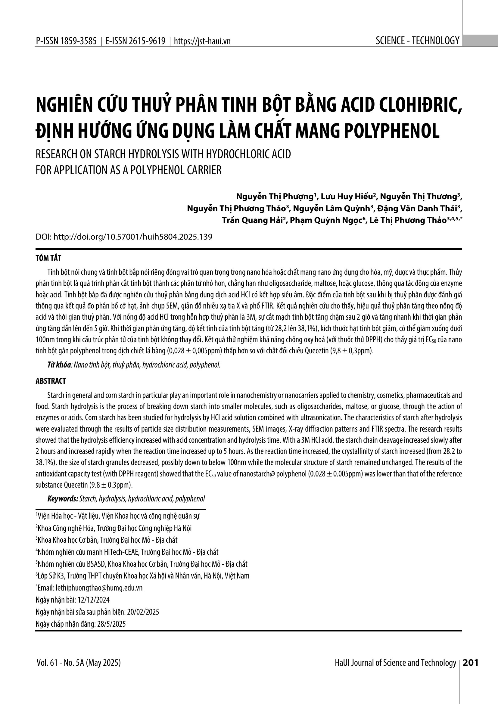 Nghiên cứu thủy phân tinh bột bằng acid clohidric, định hướng ứng dụng làm chất mang polyphenol
