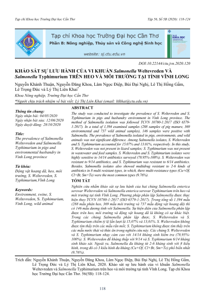 Khảo sát sự lưu hành của vi khuẩn Salmonella Weltevreden và Salmonella Typhimurium trên heo và môi trường tại tỉnh Vĩnh Long