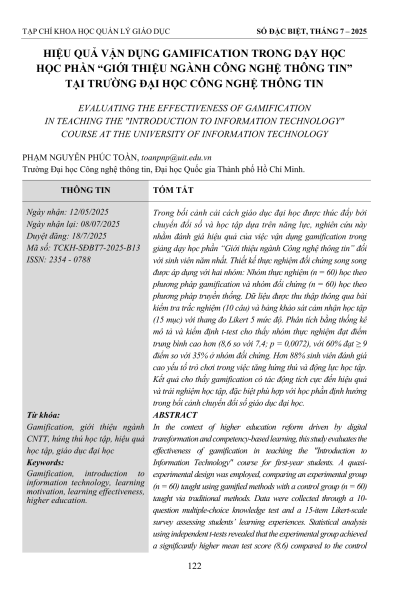 Hiệu quả vận dụng gamification trong dạy học học phần “Giới thiệu ngành Công nghệ thông tin” tại Trường Đại học Công nghệ Thông tin