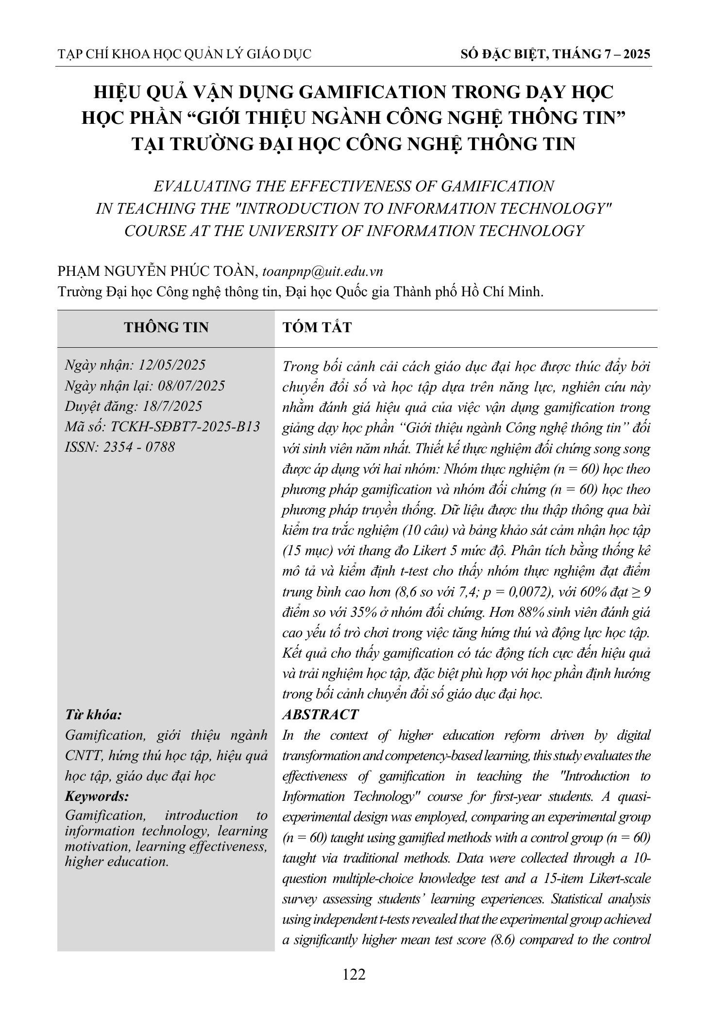Hiệu quả vận dụng gamification trong dạy học học phần “Giới thiệu ngành Công nghệ thông tin” tại Trường Đại học Công nghệ Thông tin