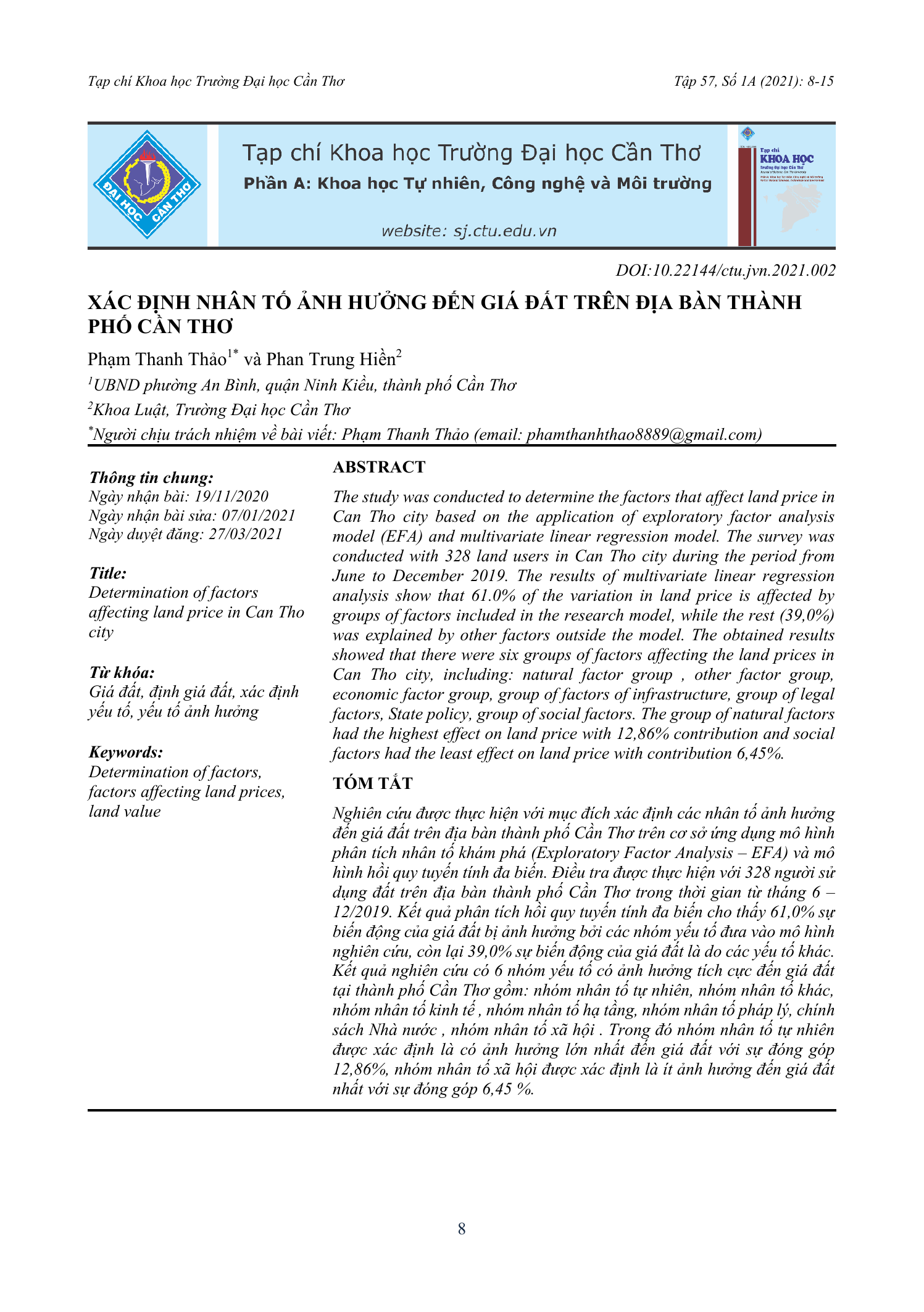 Xác định nhân tố ảnh hưởng đến giá đất trên địa bàn thành phố Cần Thơ