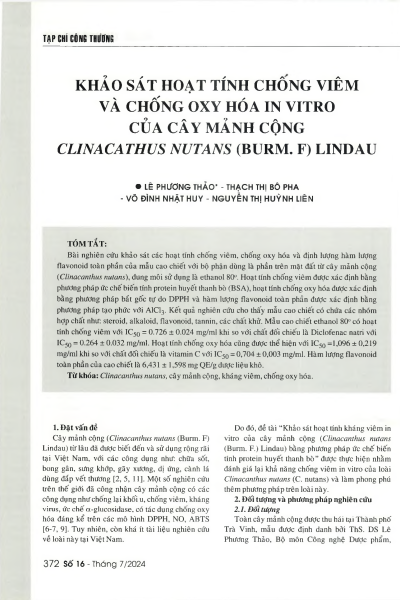 Khảo sát hoạt tính chống viêm và chống oxy hóa in vitro của cây mảnh cộng Clinacathus nutans (Burm. F) Lindau