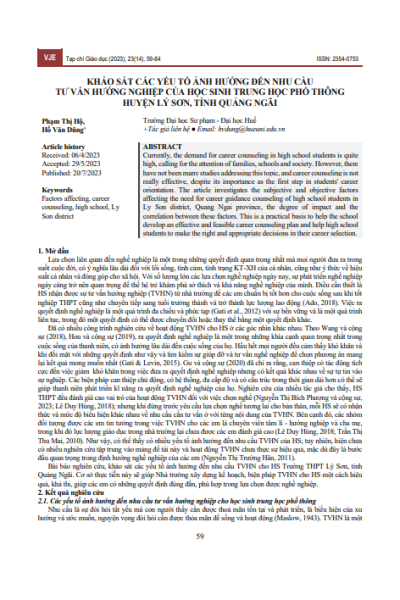 Khảo sát các yếu tố ảnh hưởng đến nhu cầu tư vấn hướng nghiệp của học sinh trung học phổ thông huyện Lý Sơn, tỉnh Quảng Ngãi