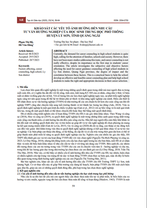 Khảo sát các yếu tố ảnh hưởng đến nhu cầu tư vấn hướng nghiệp của học sinh trung học phổ thông huyện Lý Sơn, tỉnh Quảng Ngãi