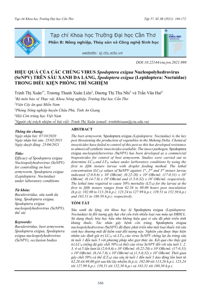 Hiệu quả của các chủng virus Spodoptera exigua Nucleopolyhedrovirus (SeNPV) trên sâu xanh da láng, Spodoptera exigua (Lepidoptera: Noctuidae) trong điều kiện phòng thí nghiệm
