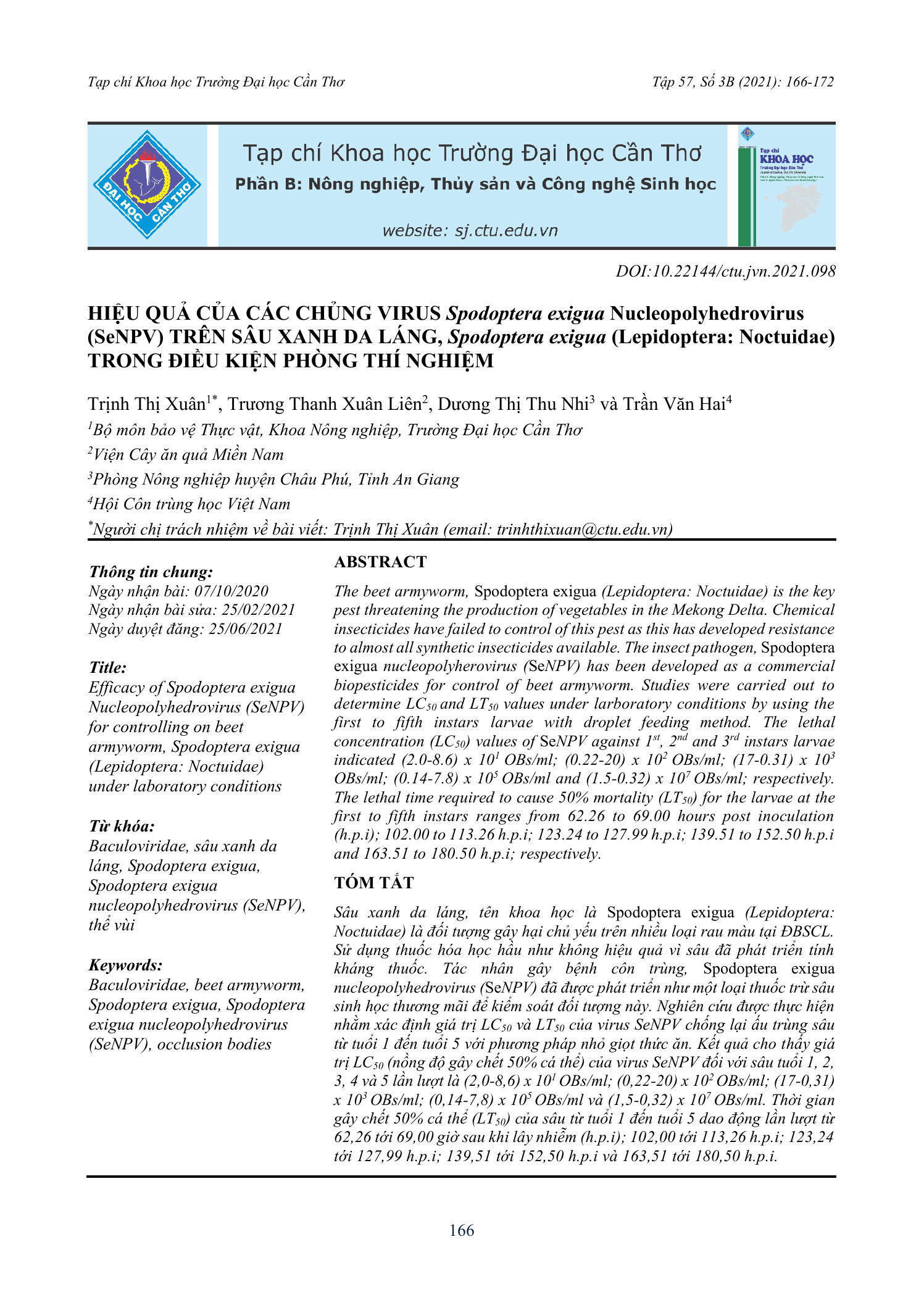 Hiệu quả của các chủng virus Spodoptera exigua Nucleopolyhedrovirus (SeNPV) trên sâu xanh da láng, Spodoptera exigua (Lepidoptera: Noctuidae) trong điều kiện phòng thí nghiệm