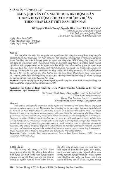 Bảo vệ quyền của người mua bất động sản trong hoạt động chuyển nhượng dự án theo pháp luật Việt Nam hiện nay