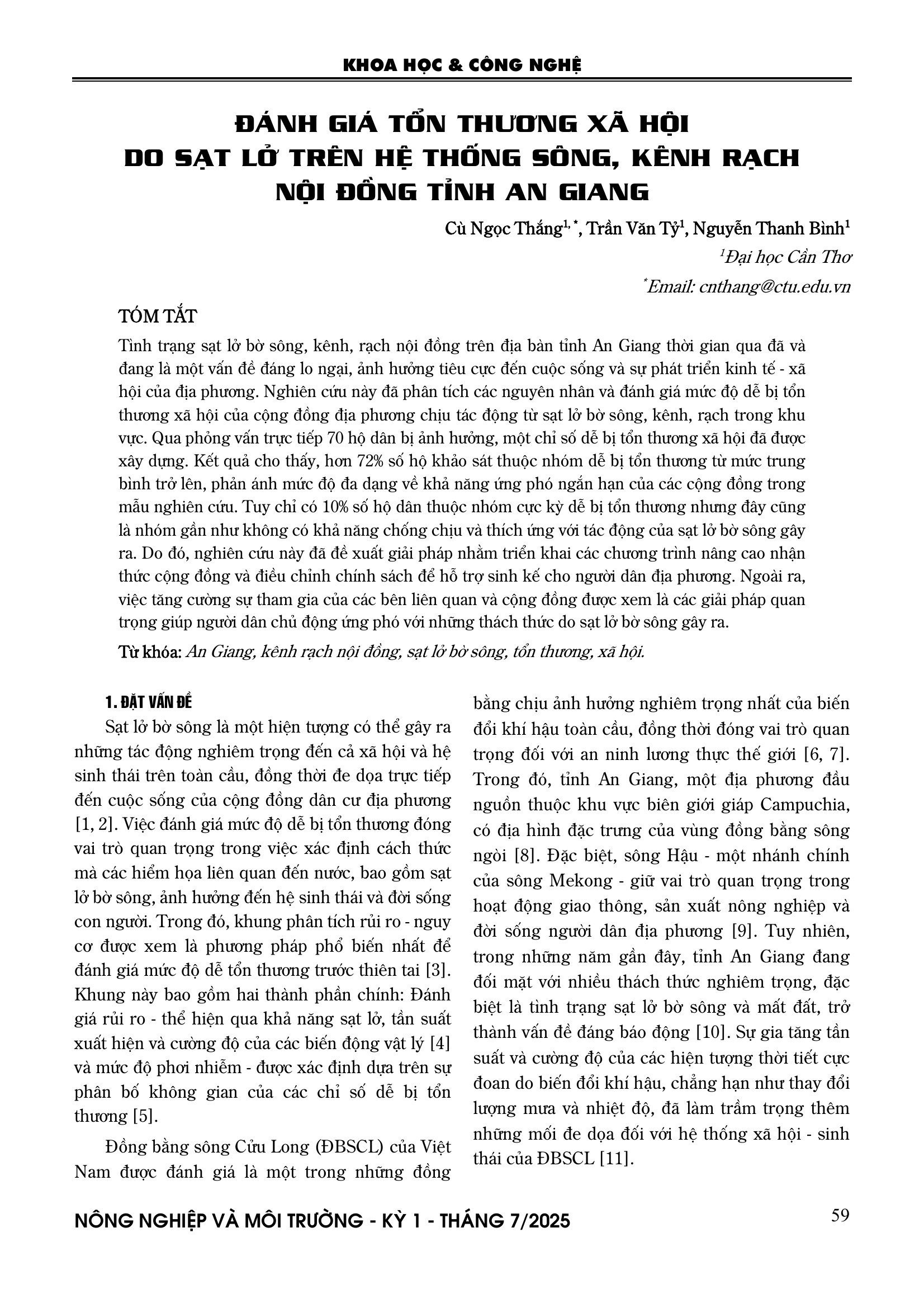 Đánh giá tổn thương xã hội do sạt lở trên hệ thống sông, kênh rạch nội đồng tỉnh An Giang