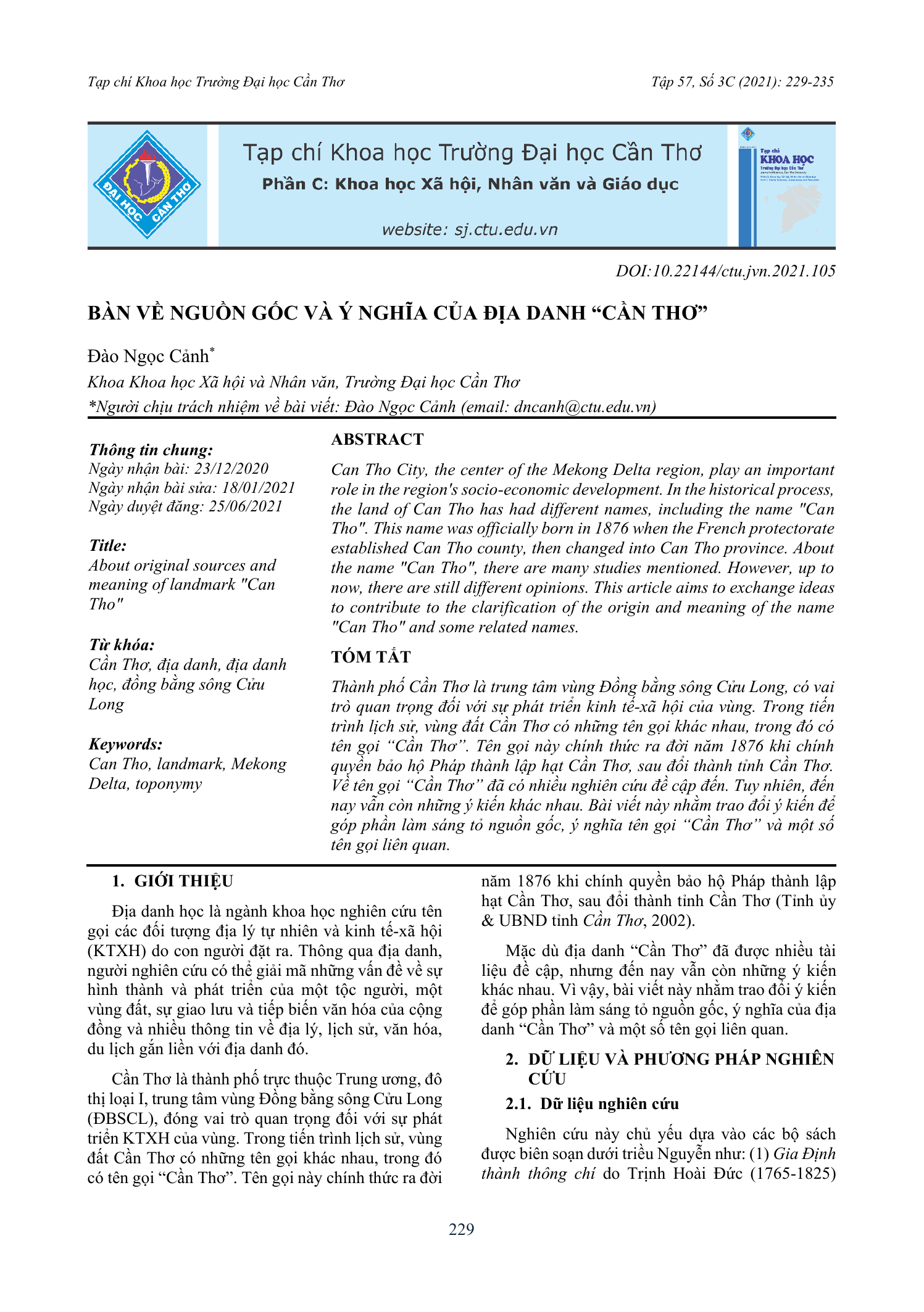 Bàn về nguồn gốc và ý nghĩa của địa danh “Cần Thơ”