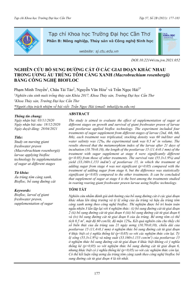 Nghiên cứu bổ sung đường cát ở các giai đoạn khác nhau trong ương ấu trùng tôm càng xanh (Macrobrachium rosenbergii) bằng công nghệ biofloc