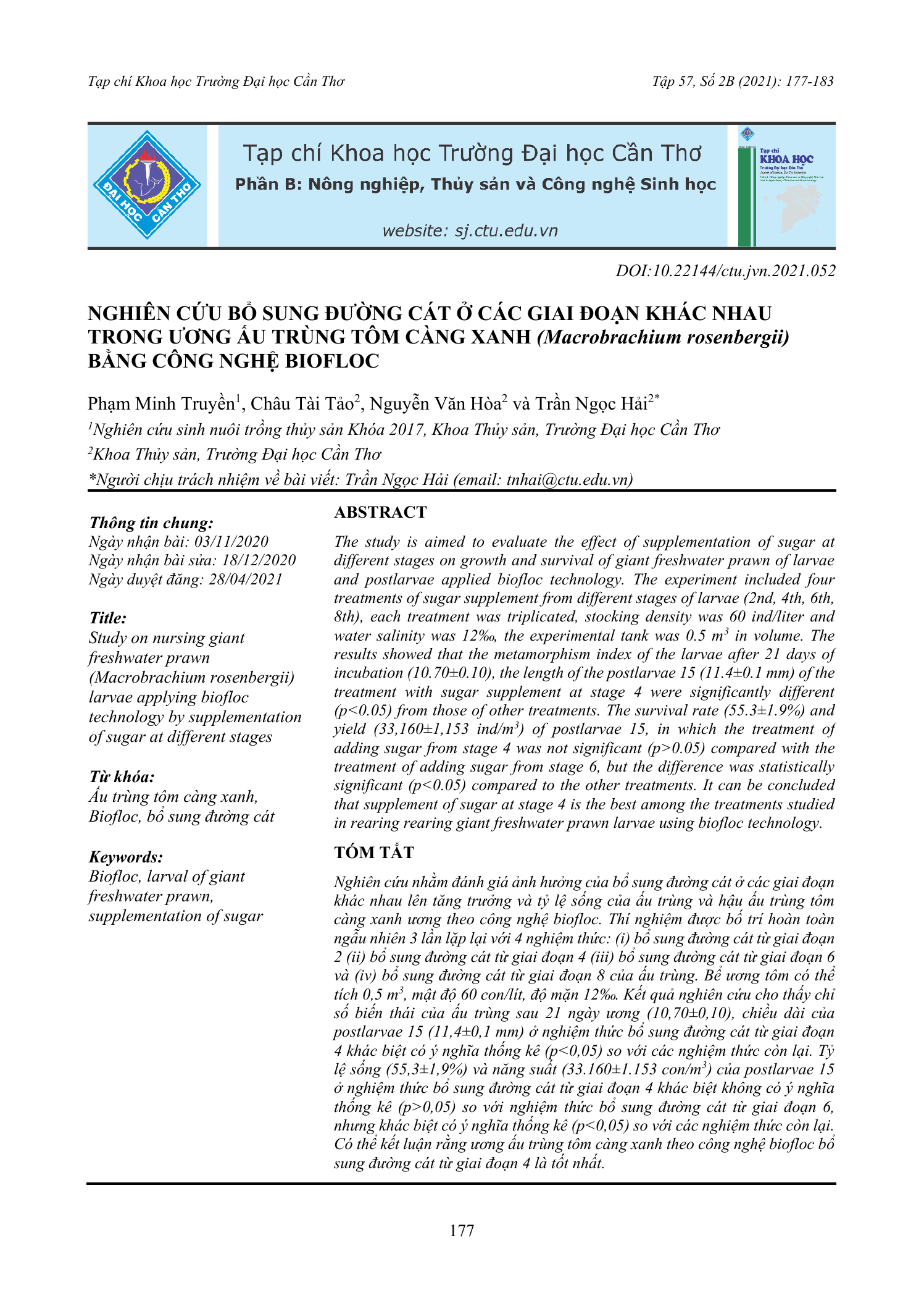 Nghiên cứu bổ sung đường cát ở các giai đoạn khác nhau trong ương ấu trùng tôm càng xanh (Macrobrachium rosenbergii) bằng công nghệ biofloc