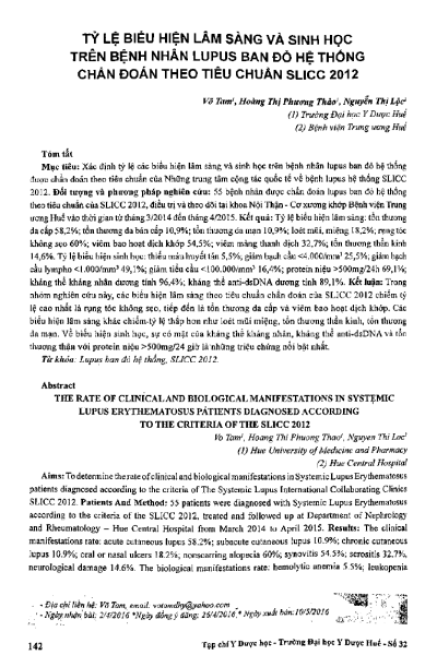 Tỷ lệ biểu hiện lâm sàng và sinh học trên bệnh nhân lupus ban đỏ hệ thống chẩn đoán theo tiêu chuẩn SLICC 2012