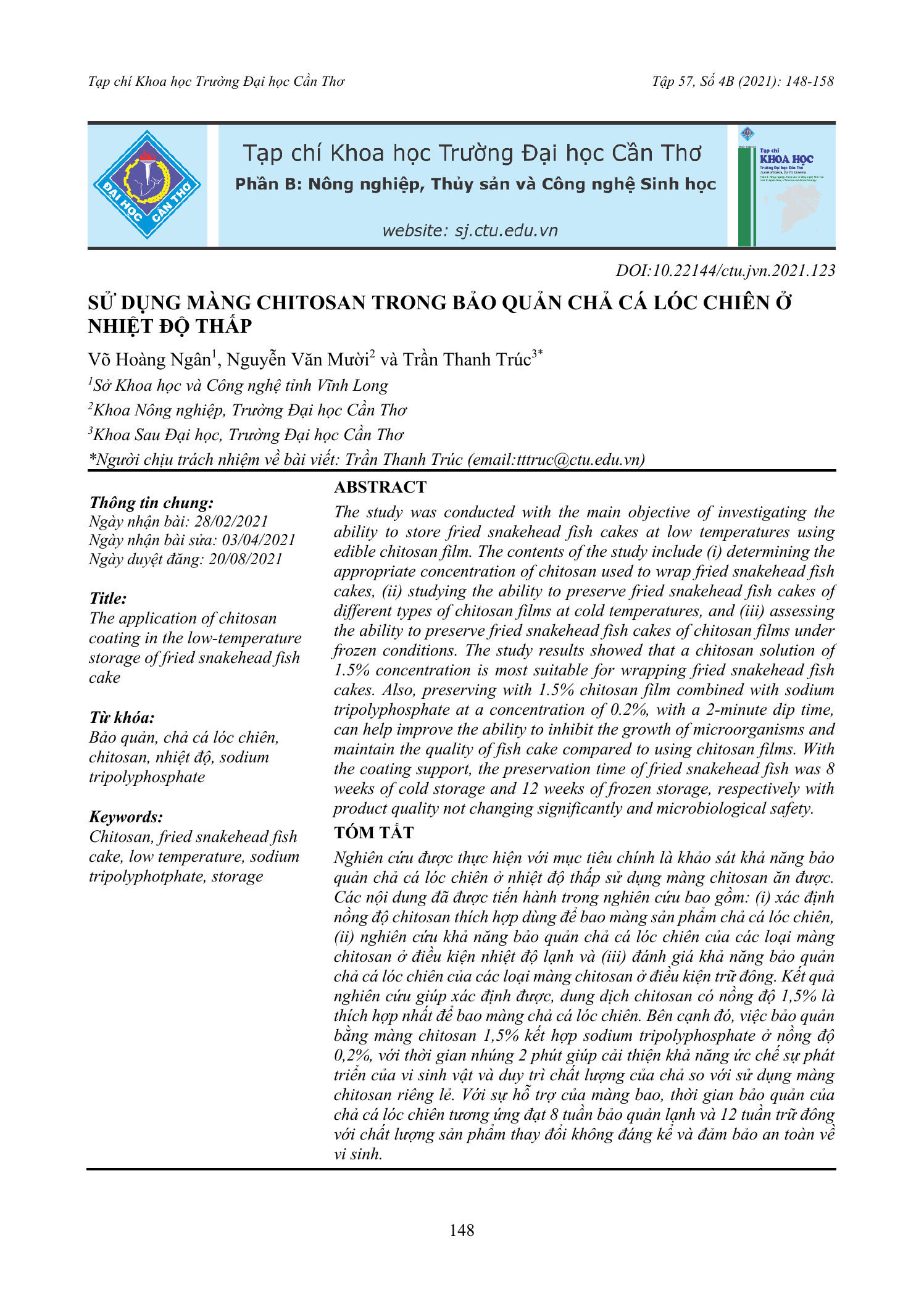 Sử dụng màng chitosan trong bảo quản chả cá lóc chiên ở nhiệt độ thấp