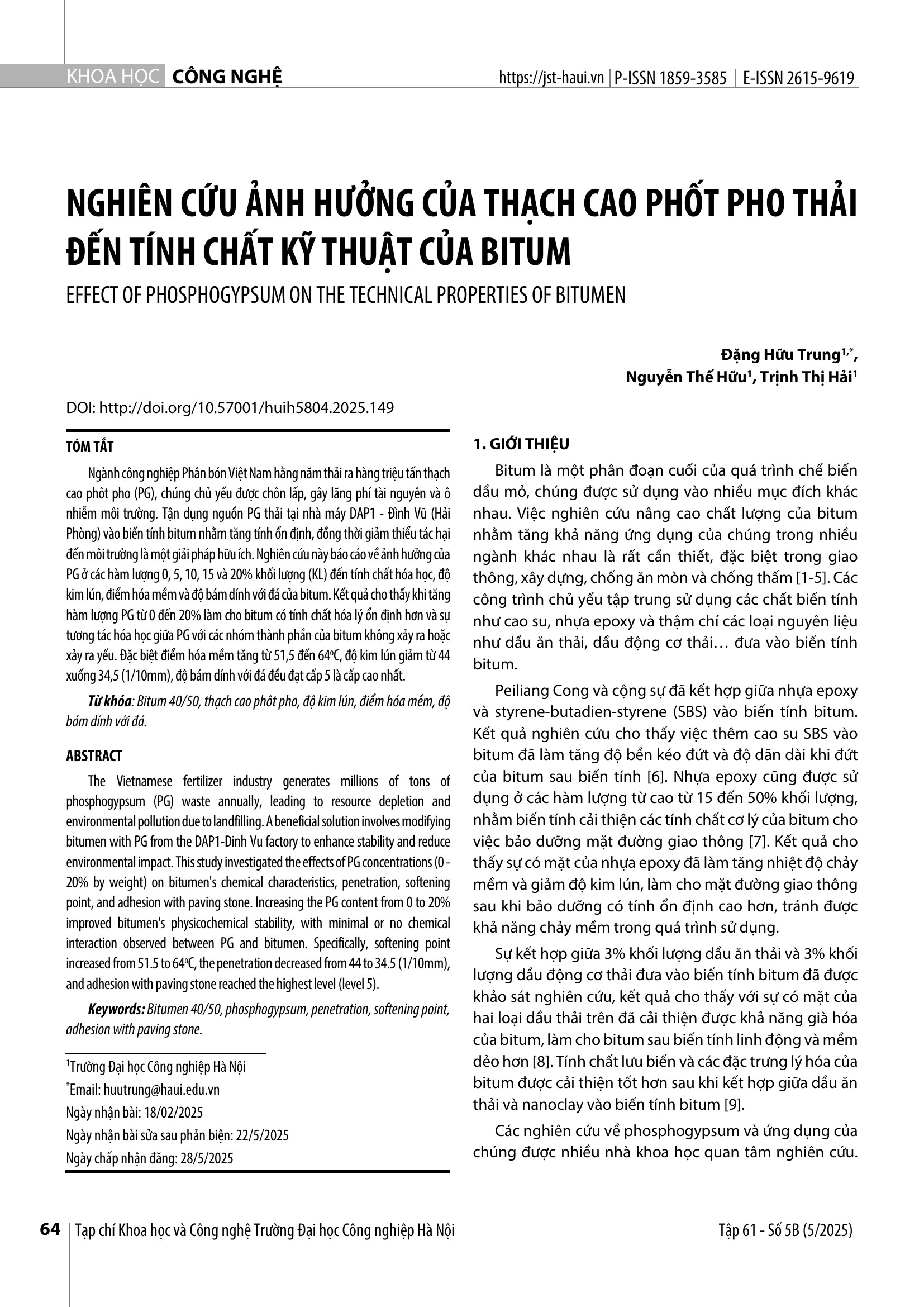 Nghiên cứu ảnh hưởng của thạch cao phốt pho thải đến tính chất kỹ thuật của bitum