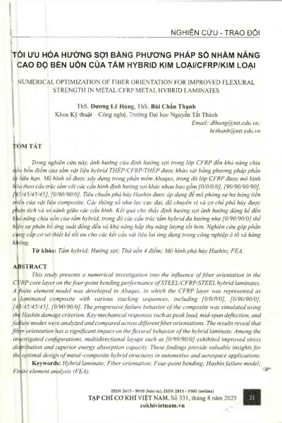 Tối ưu hóa hướng sợi bằng phương pháp số nhằm nâng cao độ bền uốn của tấm hybrid kim loại/CFRP/kim loại