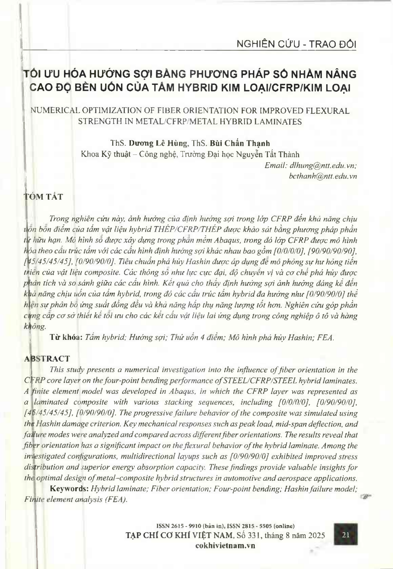 Tối ưu hóa hướng sợi bằng phương pháp số nhằm nâng cao độ bền uốn của tấm hybrid kim loại/CFRP/kim loại