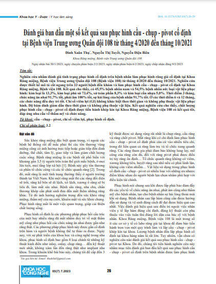 Đánh giá ban đầu một số kết quả sau phục hình cầu - chụp - pivot cố định tại Bệnh viện Trung ương Quân đội 108 từ tháng 4/2020 đến tháng 10/2021